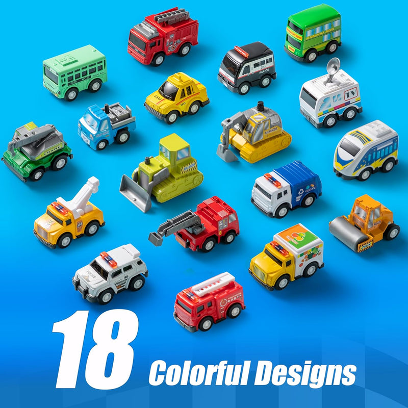 joyin friction powered 18 pcs pull back city cars and trucks toy vehicles set for toddlers and kids