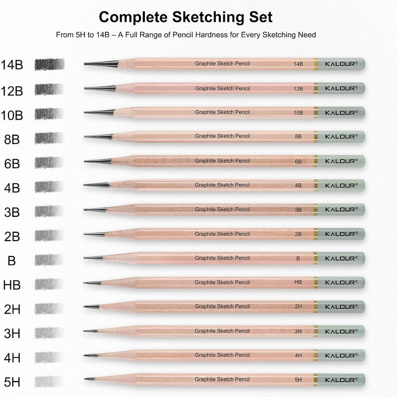 KALOUR 18-Piece Professional Sketch Pencil Set - Includes 5H to 14B Pencils, Vinyl Eraser, Kneaded Eraser,Sharpener and Paper Blending Stump - Ideal for Artists and Beginners