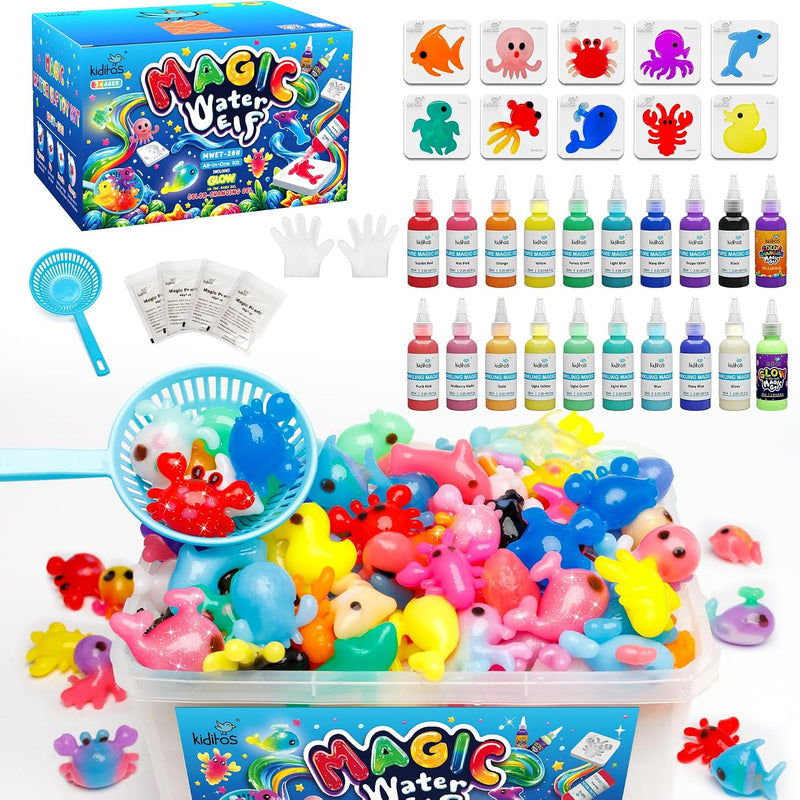 Kiditos Magic Water Elf Toy Kit,Squishies for Kids, DIY Sensory Craft Kit | 10 Gels & 6 Molds, Make Your Own Magic Water Pets, STEM Science Activity, Party Favors & Birthday Gifts for Kids Ages 3+