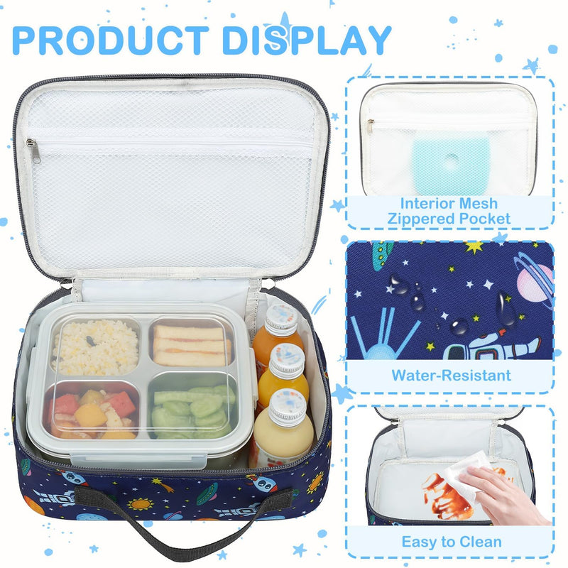 FlowFly Kids Lunch box Insulated Soft Bag Mini Cooler Back to School Thermal Meal Tote Kit for Girls, Boys, Astronaut