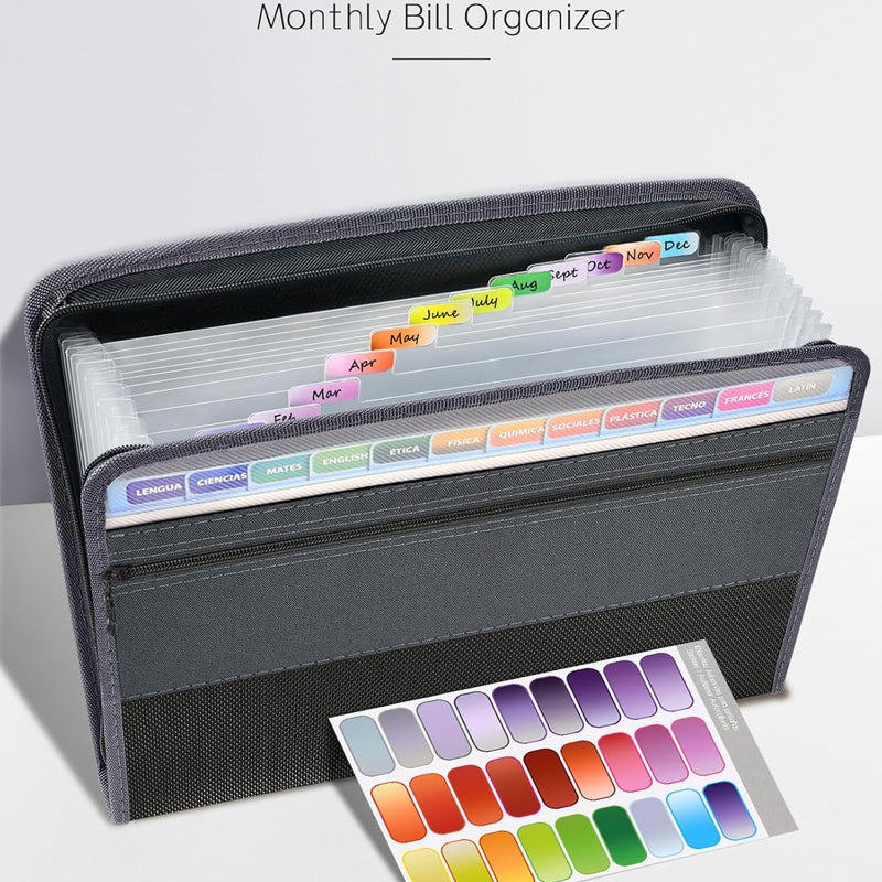 Sooez Accordion File Organizer with Safe Zipper, 12 Pocket Expanding File Folder with Front Pencil Pouch, Portable Monthly Paper Bill Tax Receipt Organizer, School Office Supplies, Letter Size, Grey