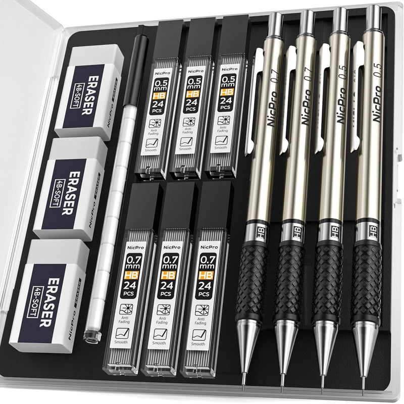 Nicpro 0.7 mm Art Mechanical Pencil Set in Storage Case, 3 PCS Metal Drafting Pencil Lead Pencil with 6 Tube HB Lead Refills, 3 Erasers, 9 PCS Eraser Refills for Artist Writing, Drawing, Sketching