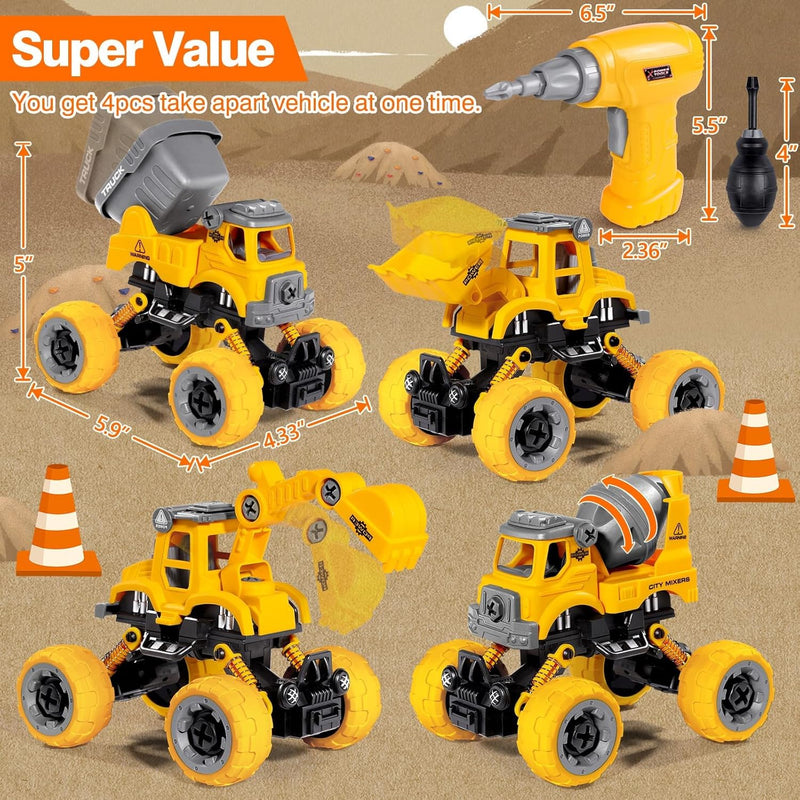 LUDILO Toys for 3 4 5 Year Old Boy Birthday Gift: 4PCS Take Apart Construction Truck Excavator Toy with Electric Drill, Kids Building Stem Learning Toy Gifts for 3 4 5 6 Year Old Boys Toys Age 4-6 3-5