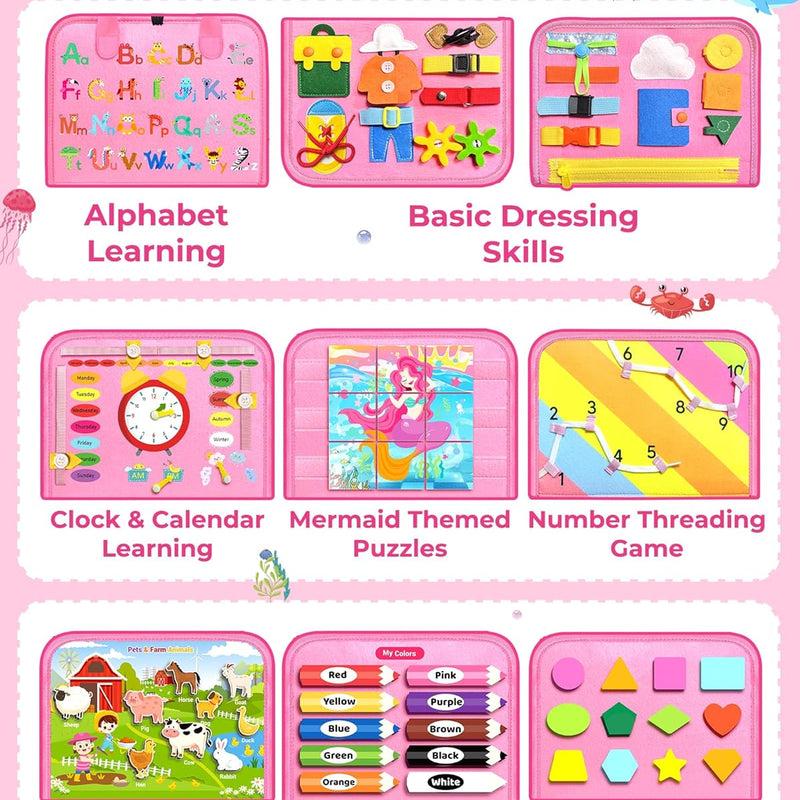 Busy Board Montessori Toys for Toddlers with 8 Pages of Learning Activities and Sensory Experience