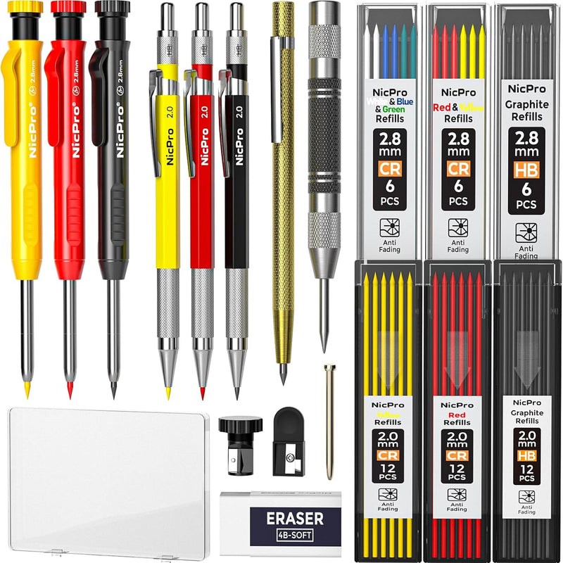 Nicpro 11 Pack Carpenter Pencil Set with Sharpener, Mechanical Carpenter Pencils with 40 Refill, Automatic Center Punch and Carbide Scribe Tool, Heavy Duty Construction Pencil for Architect-With Case