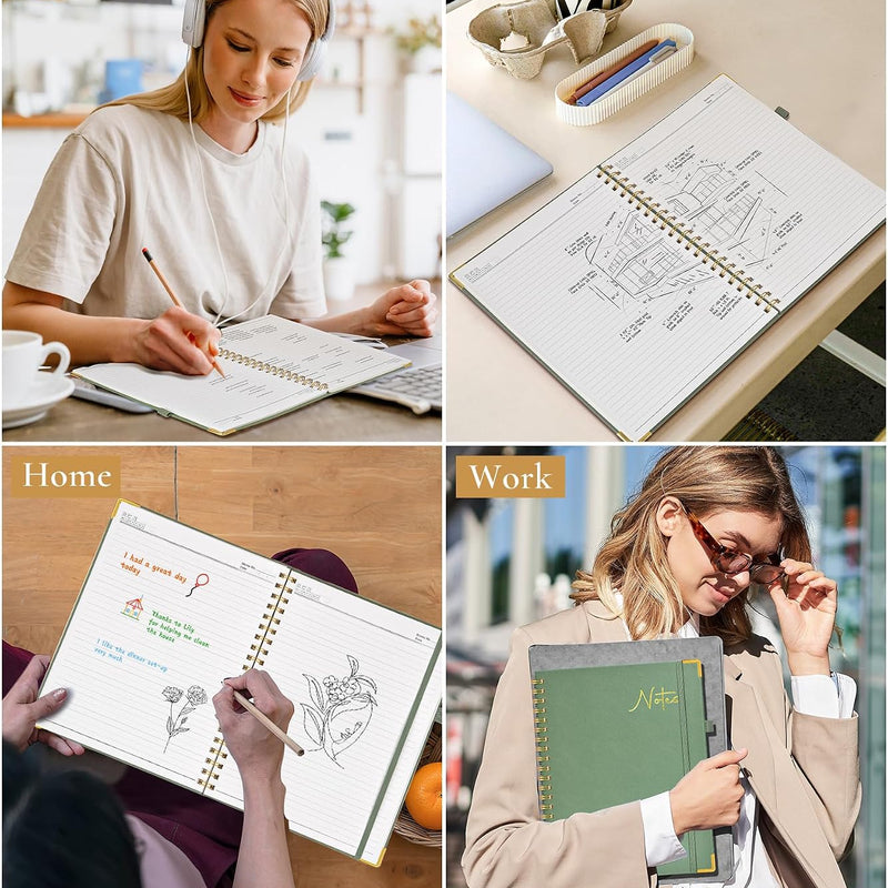 Hardcover Spiral Notebook Journal 8.5” x 11”, A4 Large Leather Notebooks for Women Men, Lined College Ruled Notebook, 50 Sheets/100 Pages, Spiral Bound Journals for Work School Note Taking, Green
