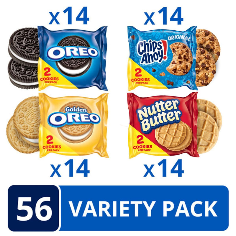 OREO Original, OREO Golden, CHIPS AHOY! & Nutter Butter Cookie Snacks Variety Pack, 56 Snack Packs (2 Cookies Per Pack) | Snack Packs, 2 Cookies Per Pack, Individually Wrapped