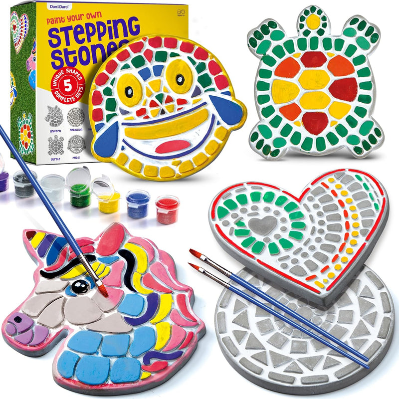 Stepping Stones Painting Kit for Kids - 5 Paint Your Own Garden Stones | 5 Stepping Stones with Paints and Brushes, Crafts for Kids Ages 6-8 - Birthday Gifts for Girls & Boys Ages 6 7 8 9 10 Years