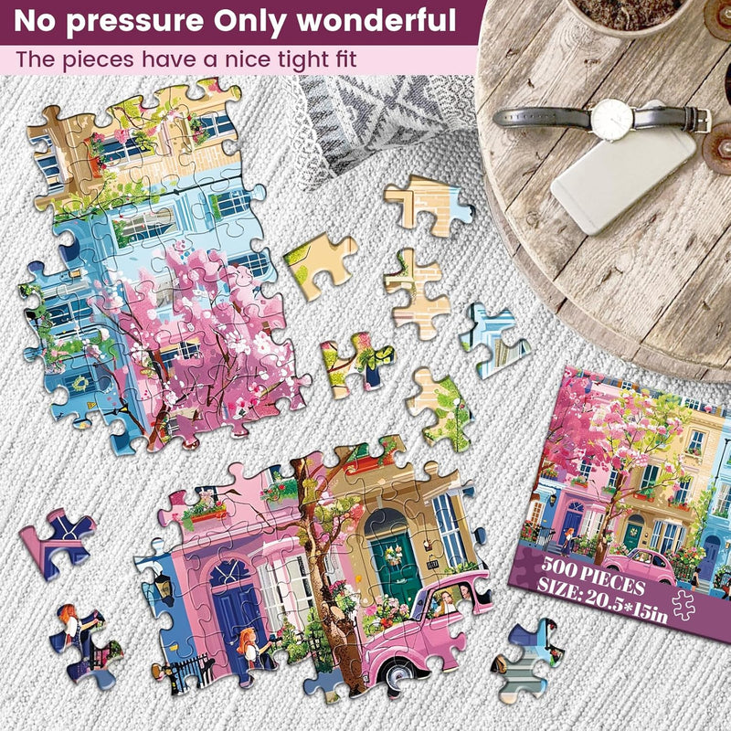 J.Biley 500 Piece Spring Street Jigsaw Puzzle for Adults & Teens, Blooming City Scene, Premium Recycled Cardboard, Anti-Glare HD Print, Letter-Coded Back, 20.5x15 Inch.