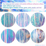 GREATRIL iridescent party backdrop, 2 PCS, 3.2ft x 6.5ft, tinsel foil fringe curtain for mermaid/frozen/sea/euphoria party theme decorations