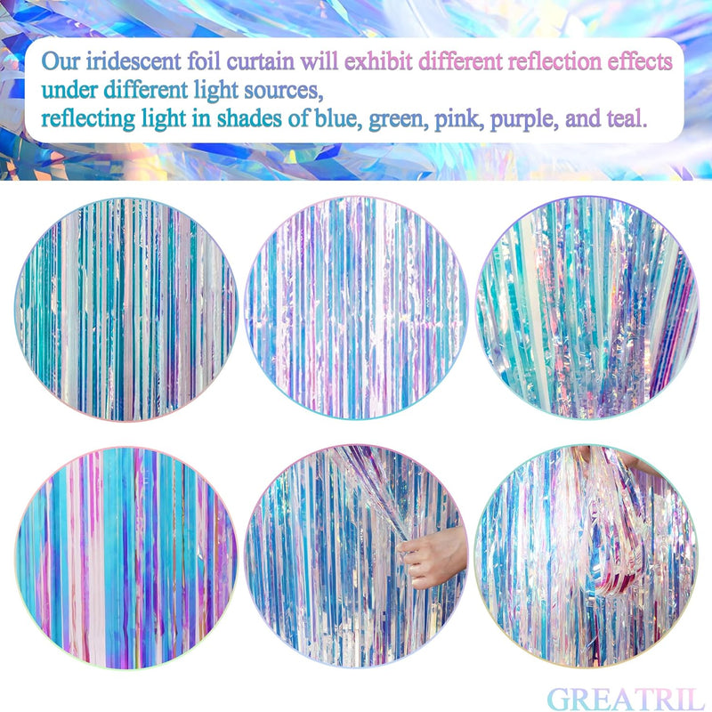 GREATRIL iridescent party backdrop, 2 PCS, 3.2ft x 6.5ft, tinsel foil fringe curtain for mermaid/frozen/sea/euphoria party theme decorations