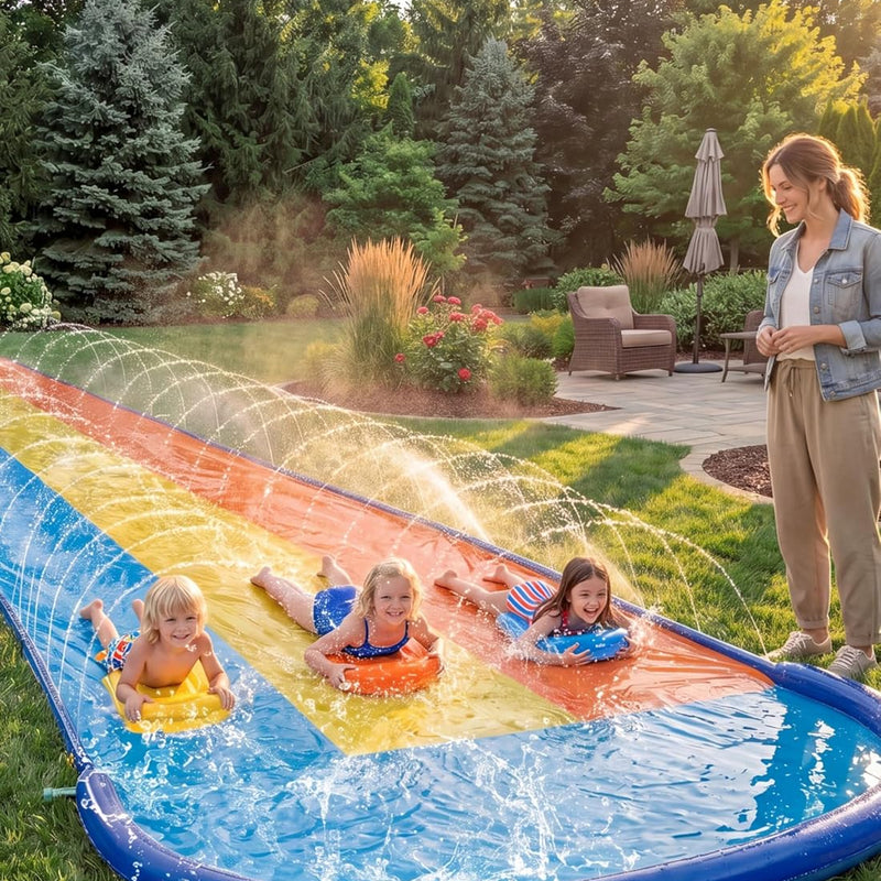 Sloosh Triple Water Slide with 3 BodyBoards, 22.5FT Lawn Water Slip Splash Pad Slide Summer Toy with Build in Advanced Sprinkler for Kids Adults Backyard Summer Water Fun