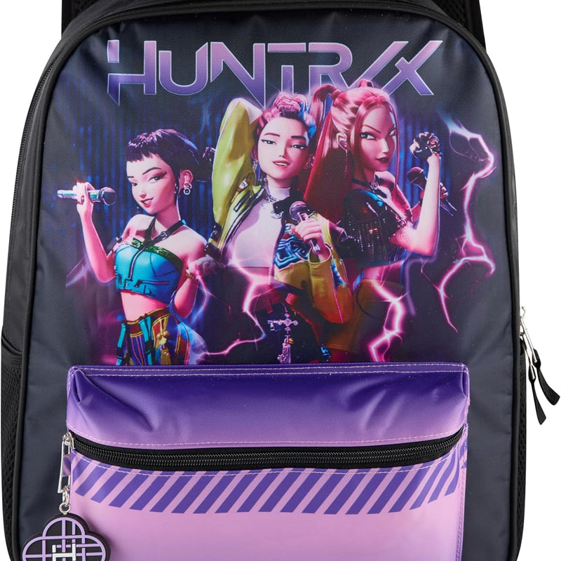 AI ACCESSORY INNOVATIONS K-Pop Demon Hunters Huntrix 16” Backpack for Girls, Featuring Rumi, Zoey, Mira, Rubber Molded Bag Charm, Huntrix