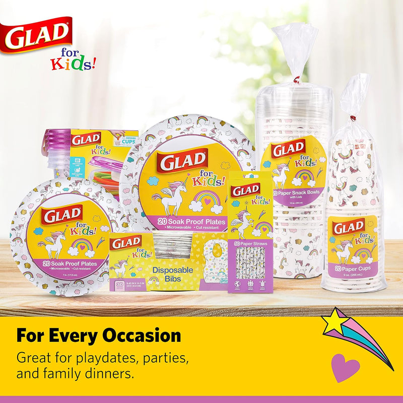 Glad for Kids Disposable Paper Bibs with Crumb Catcher, Unicorns, 30 Count | Absorbent, leakproof design for mess-free feeding at meals, crafts, parties, and travel