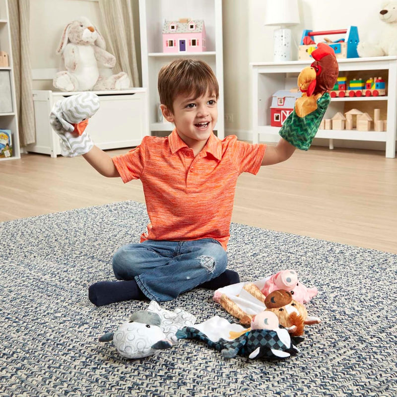 Melissa & Doug Barn Buddies Soft Farm Animal Hand Puppets - Set of 6 Cuddly Characters for Imaginative Play, Storytelling, and Skill Development for Ages 2-6.