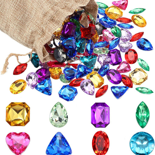 100 Pieces Toy Gems Pirate Treasure Jewels Fake Acrylic Gems Multicolor Bling Diamonds Plastic Gemstones with a Drawstring Bag for Party Table Decorations Sensory Bin Filler