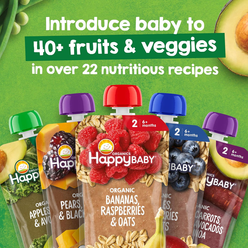 Happy Baby Organics Stage 2 Baby Food Pouches, Gluten Free, Vegan & Healthy Snack, Clearly Crafted Fruit & Veggie Puree, Fruit & Veggie Variety Pack, 4 Ounces (Pack of 10), Amazon Exclusive