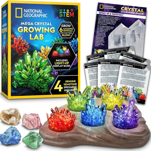National Geographic Mega Crystal Growing Kit for Kids - Grow 6 Crystals with Light-Up Stand, Science Experiments for Kids aged 8-12