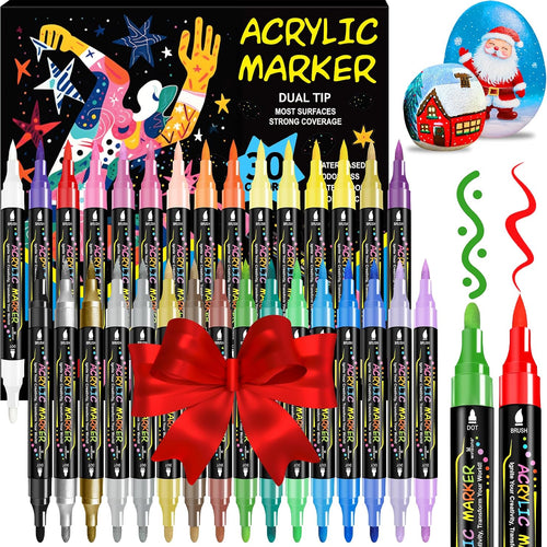 WINSONS 30 Colors Dual Tip Acrylic Paint Markers Pens- Premium Acrylic Paint Markers, Brush & Round Tips, Quick-Drying - for Rock, Canvas, Ceramic, Wood (30 Colors)