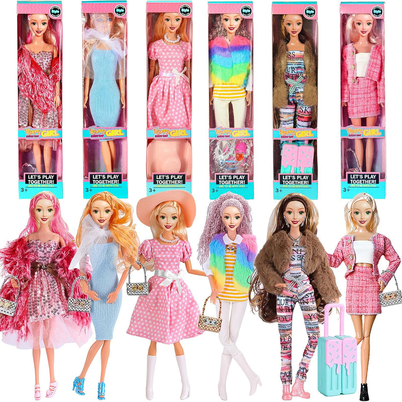 6 Pack Fashion 11.5 inch American Toy Prinecess Dolls Playset with Outfits Dress Design and Accessories Like Handbag Hat Crown Necklace Suitcase (Gift Box Package)