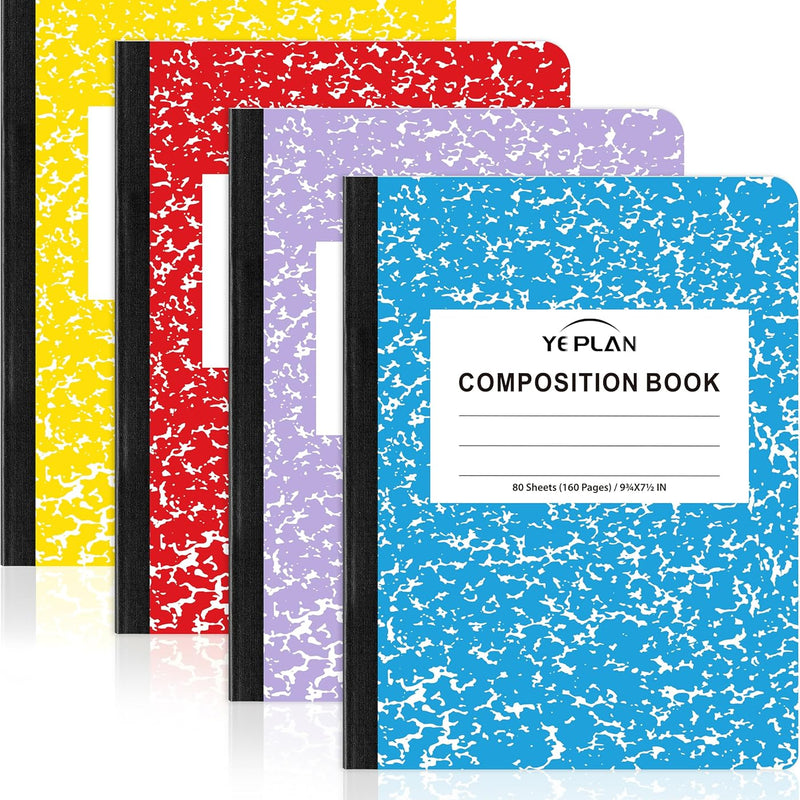 Yeplan Composition Notebooks 4 pack, Wide Ruled Notebook Paper, 9 3/4" x 7 1/2", 80 Sheets/160 Pages, Aesthetic Marble Composition Notebook for School & Office Supplies (4, Pastel Marble Colors)