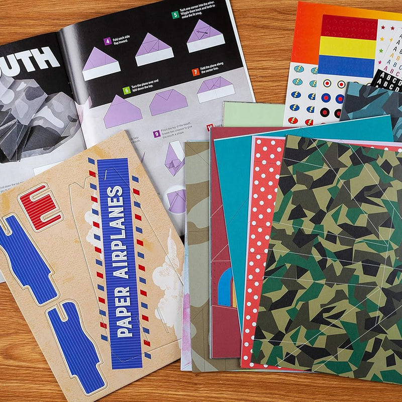 Paper airplane kit with 100 planes, 1000 stickers, launcher and rubber bands, colorful sheets, stem family gift