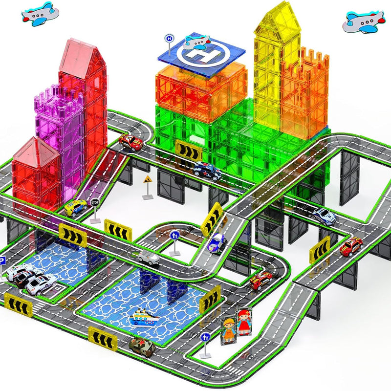 Magnetic Tiles Road Set with Pullback Car, Compatible with Major Brands, Ages 4-8, STEM Building Toy for Kids