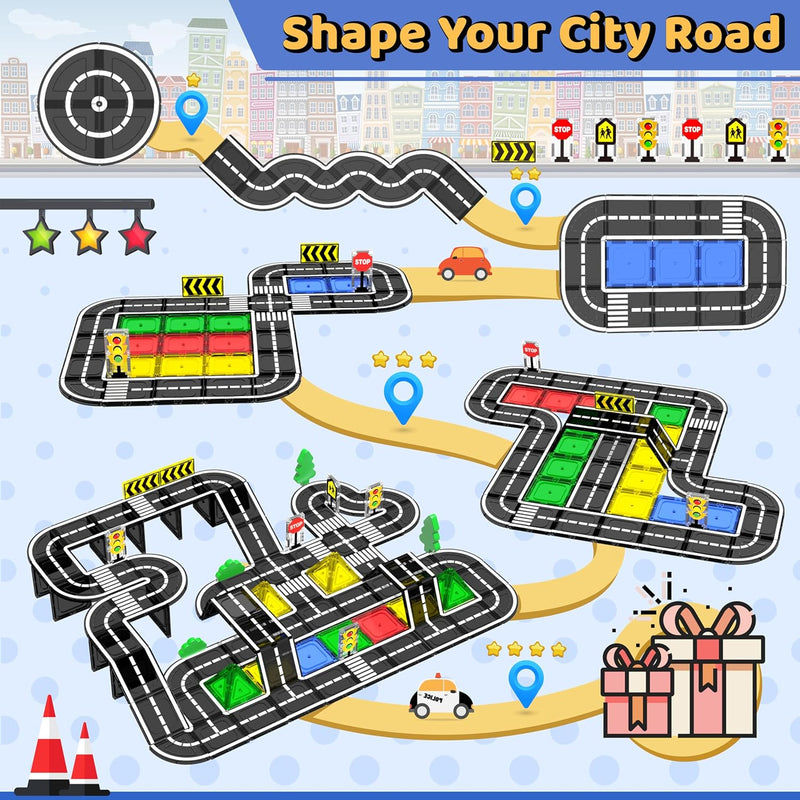 Magnetic City Traffic Tiles, 38pcs, Preschool Montessori Toys for 3+ Year Old Kids, Sensory Building Blocks for Toddler with Autism