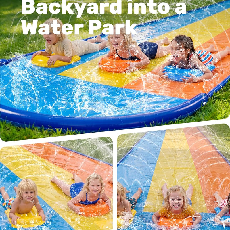 Sloosh Triple Water Slide with 3 BodyBoards, 22.5FT Lawn Water Slip Splash Pad Slide Summer Toy with Build in Advanced Sprinkler for Kids Adults Backyard Summer Water Fun