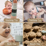 Moonkie 7-piece Stackable Silicone Teether Toy Set for 6+ Months, Soft and Edible