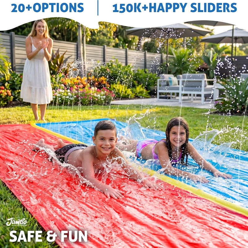 JAMBO Premium 24Ft Budget Slip Splash and Slide, Heavy Duty Water Slide with Advanced Sprinkler System, Backyard Waterslide, Splash Mat, Outdoor Water Toys n Slides for Kids