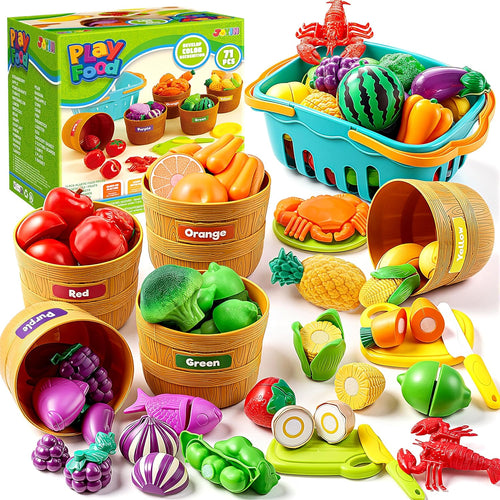 JOYIN Toddler Learning Toys: Cutting Food Play Set, Color Sorting, Educational Kitchen Accessories