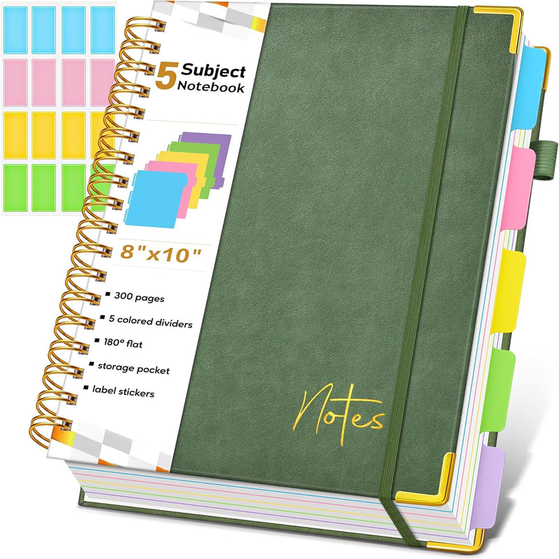 Spiral Notebook Journal with Removable Dividers Tabs, 300 Pages Hardcover Leather 5 Subject College Ruled Notebook, 8"x10" Large B5 Lined Journal for Women Men, Spiral Notebooks for Work School,Purple