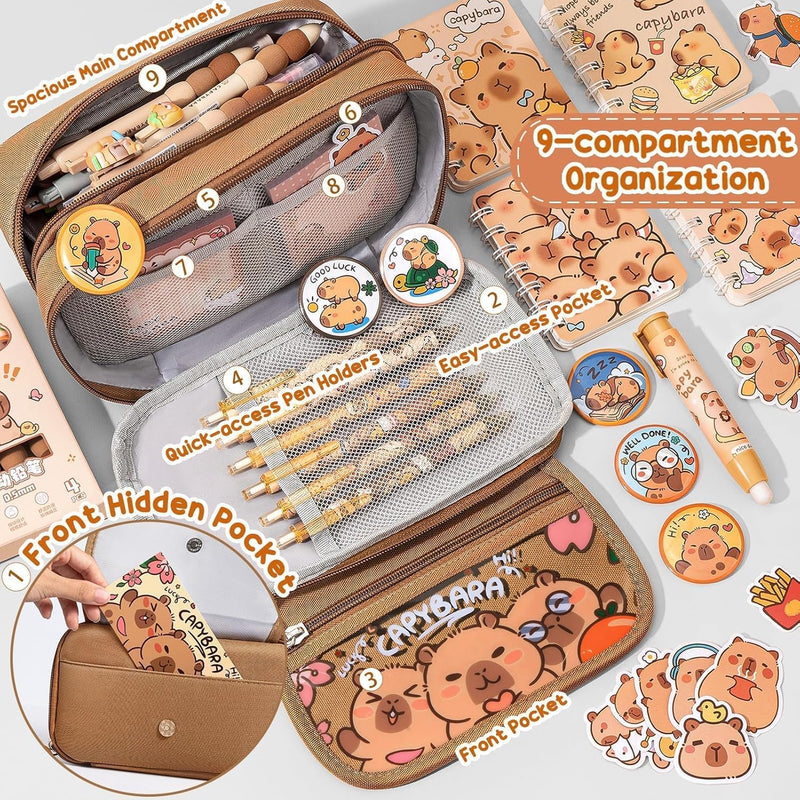 Fimibuke Capybara Backpack for School Girls, 30PCS Capybara Toddler School Supplies Stationery Set with Bookbag Pencil Case Pens Pencils Notebook for Back to School Kindergarten Elementary Student
