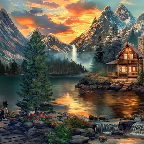 1000 Piece Jigsaw Puzzle for Adults - Mountain Cabin by a Lake - Challenging Puzzle Perfect for Game Nights - 1000 Piece for Adults. 20x27 inches