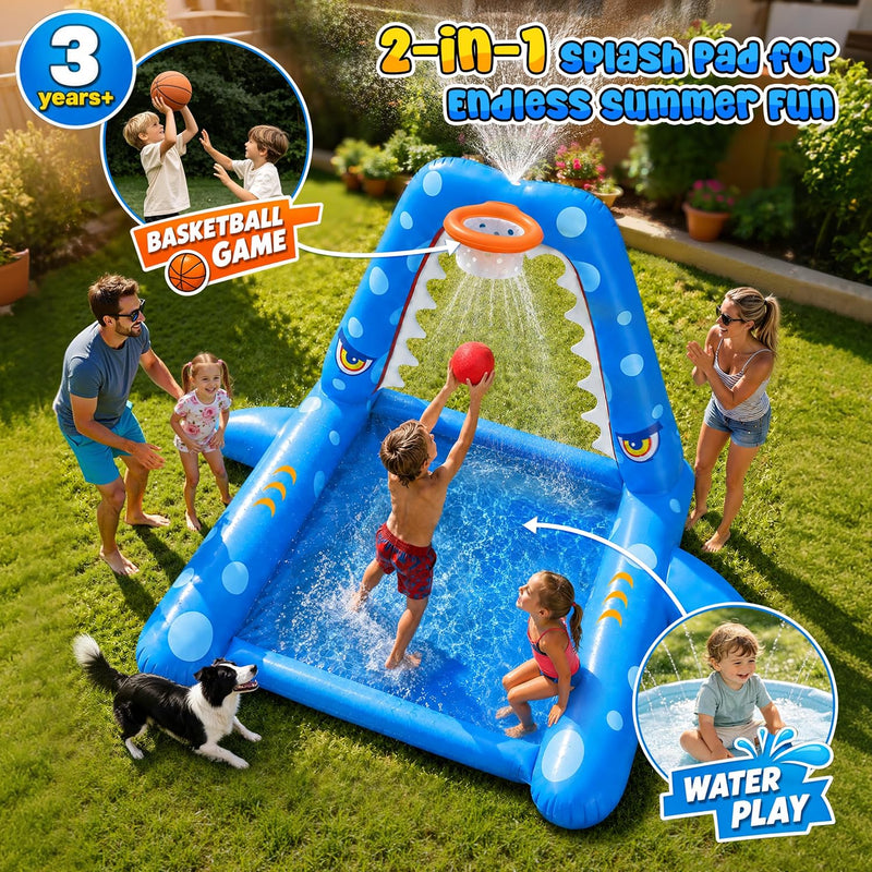 JOSEN Sprinkler for Kids Outdoor Play, Giant Inflatable Shark Water Toys Splash Pad with Basketball Hoop, Fun Sprinkler Summer Outdoor Game for 3-8 Years Old Children Boys Girls Birthday Gift