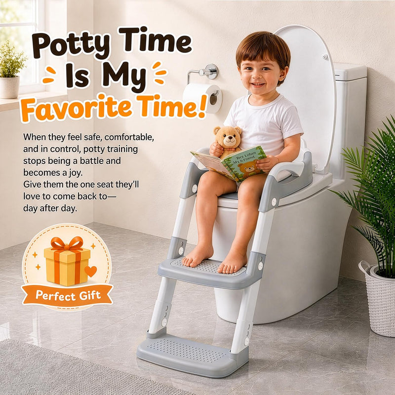 Orzbow Potty Training Seat with Step Stool, Adjustable Height, Anti-Slip | Safety Handles, Comfortable Seat Cushion, Splash Guard for Toddler Boys and Girls, Fits Most Toilets, Foldable Storage, Gray