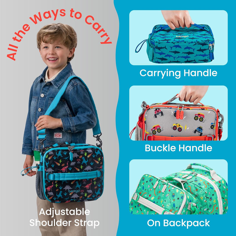 Bentgo Kids Lunch Bag - Durable, Double-Insulated Lunch Bag for Kids 3+; Holds Lunch Box, Water Bottle, & Snacks; Easy-Clean Water-Resistant Fabric & Multiple Zippered Pockets (Dinosaur)
