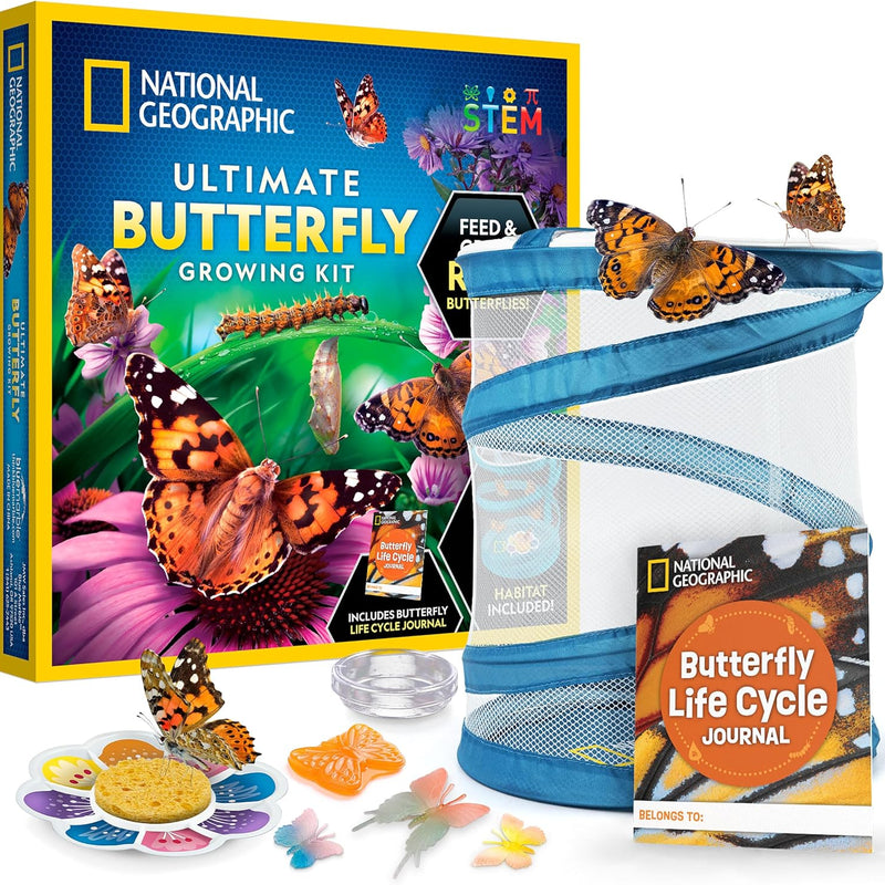 National Geographic Butterfly Growing Kit - Butterfly Habitat Kit with Voucher to Redeem 5 Caterpillars (S&H Not Included), Butterfly Cage, Feeder (Amazon Exclusive)