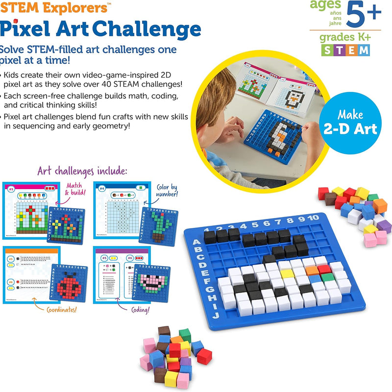 Learning Resources STEM Explorers Pixel Art Challenge, science kit for kids, ages 5+, fine motor skills, math manipulatives, pattern blocks, gifts for boys and girls