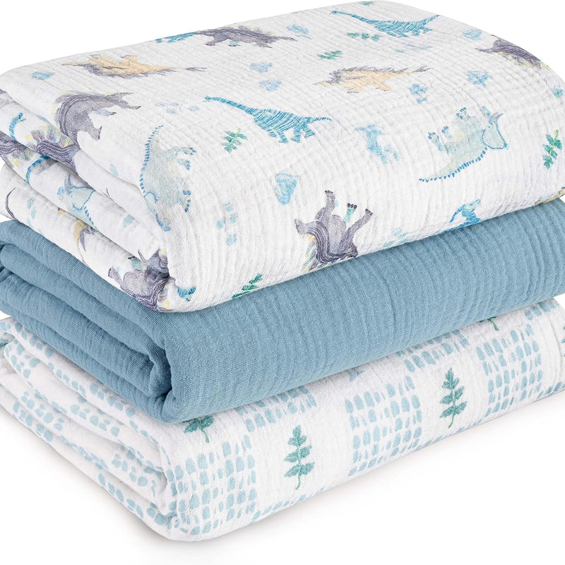 Muslin Swaddle Blankets for Newborn, 3 Pack Breathable Soft Receiving Blanket, Large 38 x 40 inches Swaddle Wrap Burping Clothes, Essentials Infant Shower Items, Toddler Gift (Blue Sea)