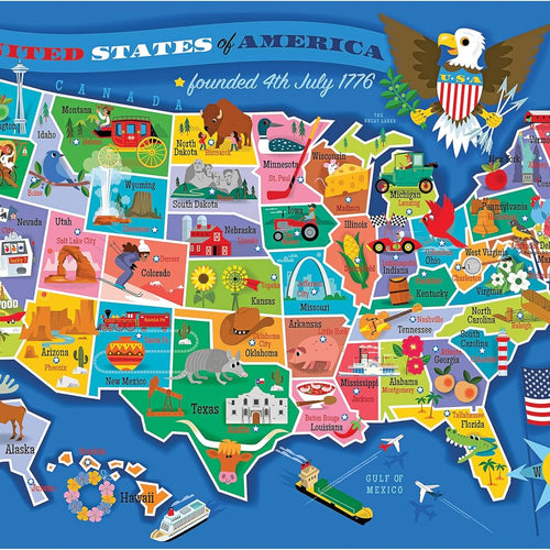 RoseArt Educational Map of USA Jigsaw Puzzle for Kids, 100 Large Durable Pieces, Fun State Illustrations, Made in USA, Learning Toy for Ages 6+, Finished Size 24 x 18 Inches.