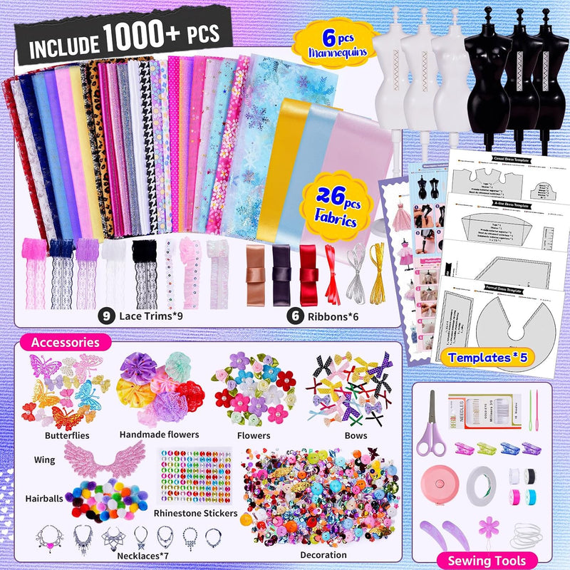 800+Pcs Fashion Designer Kits for Girls with 6 Mannequins - Girls Fashion Design Craft Kit, Sewing Kit for Kid 8-12, Birthday Gifts for Teens Girl 6 7 8 9 10 11 12