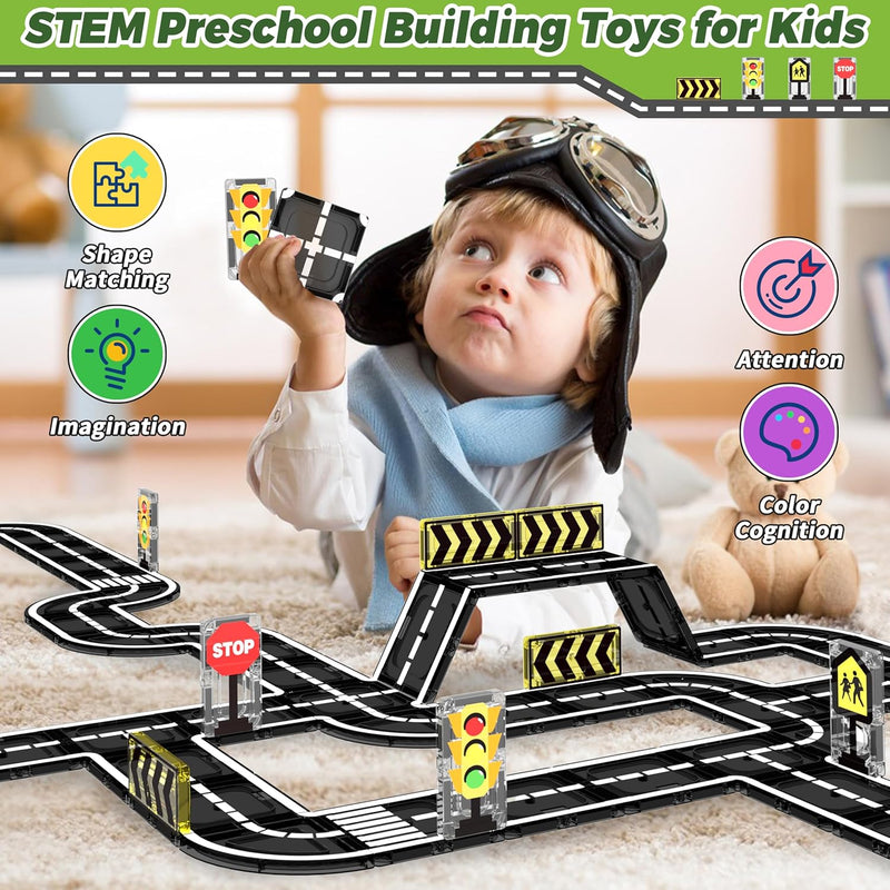 Goodtiles Magnetic Road Expansion Set, STEM Building Blocks for Kids Ages 3-5, Preschool Learning Toys