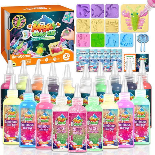 Timetome DIY Squishy Maker Kit for Kids Ages 3+ | Magic Water Elf Gel Toy Set with 20 Gels & 10 Molds, Glitter Glow Sensory Craft Activity for Creative Play