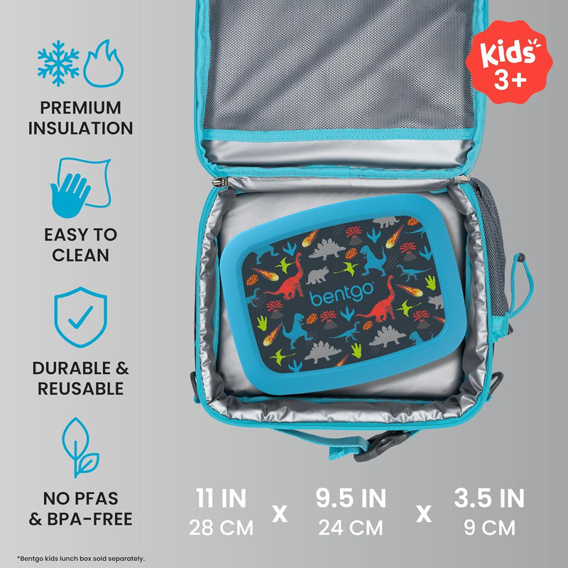 Bentgo Kids Lunch Bag - Durable, Double-Insulated Lunch Bag for Kids 3+; Holds Lunch Box, Water Bottle, & Snacks; Easy-Clean Water-Resistant Fabric & Multiple Zippered Pockets (Dinosaur)