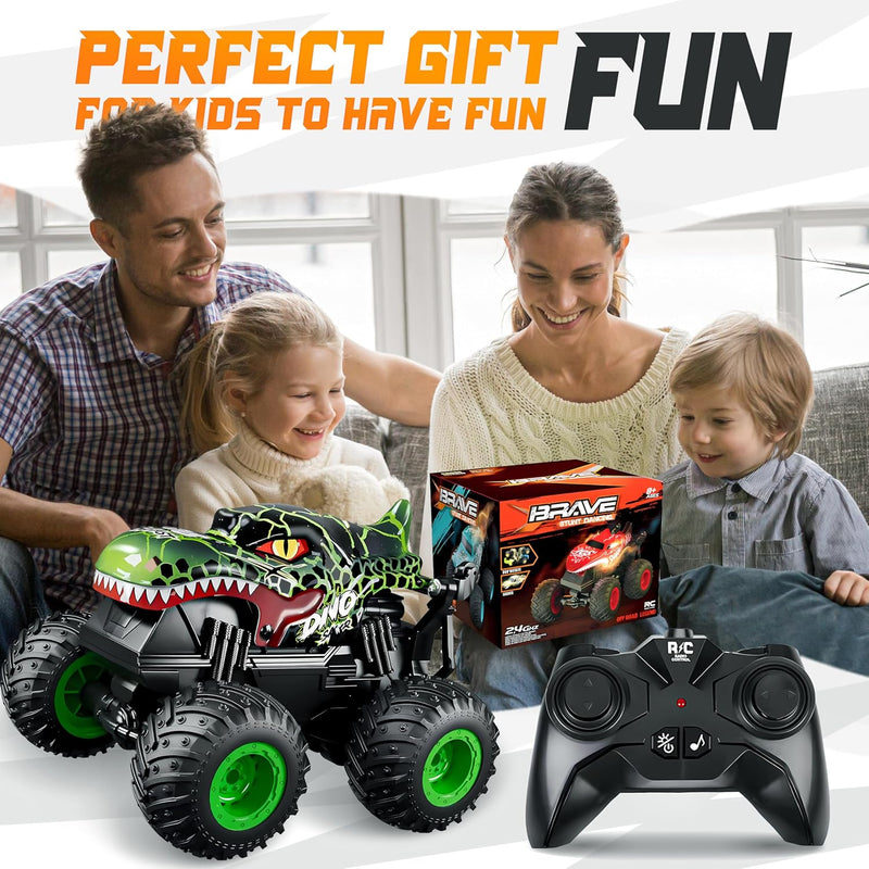 BEZGAR 1:20 Scale Remote Control Monster Truck with Light & Music for Kids 4-7, Dinosaur RC Car with 360° Spins and Drifting