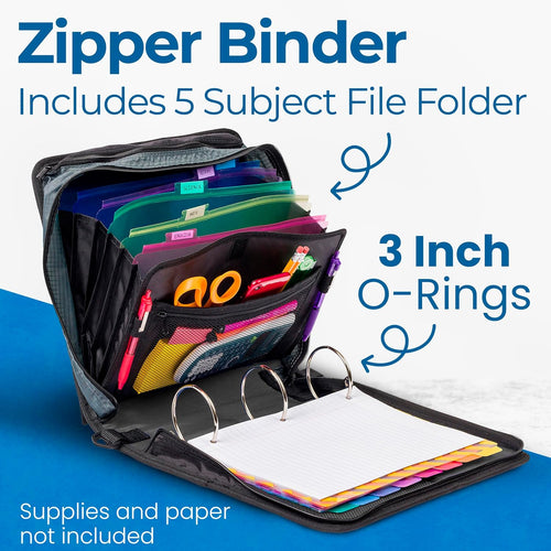 Case-it Mighty Zip Tab School Zipper Binder | 3-Inch O-Rings, 600-Sheet Capacity, 5-Subject Expanding File Folder, Multiple Pockets & Storage Organizer, Shoulder Strap | D-146 Jet Black