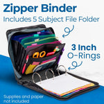 Case-it Mighty Zip Tab School Zipper Binder | 3-Inch O-Rings, 600-Sheet Capacity, 5-Subject Expanding File Folder, Multiple Pockets & Storage Organizer, Shoulder Strap | D-146 Jet Black