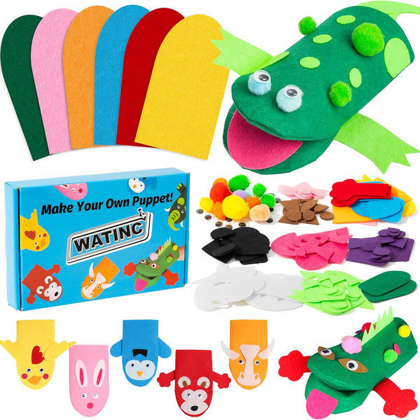 WATINC 6-Piece Animal Hand Puppet Making Kit for Kids, DIY Art Craft Felt Sock Puppets, Pompoms, Googly Eyes, and Felt Decorations for Creative Storytelling and Role Play.